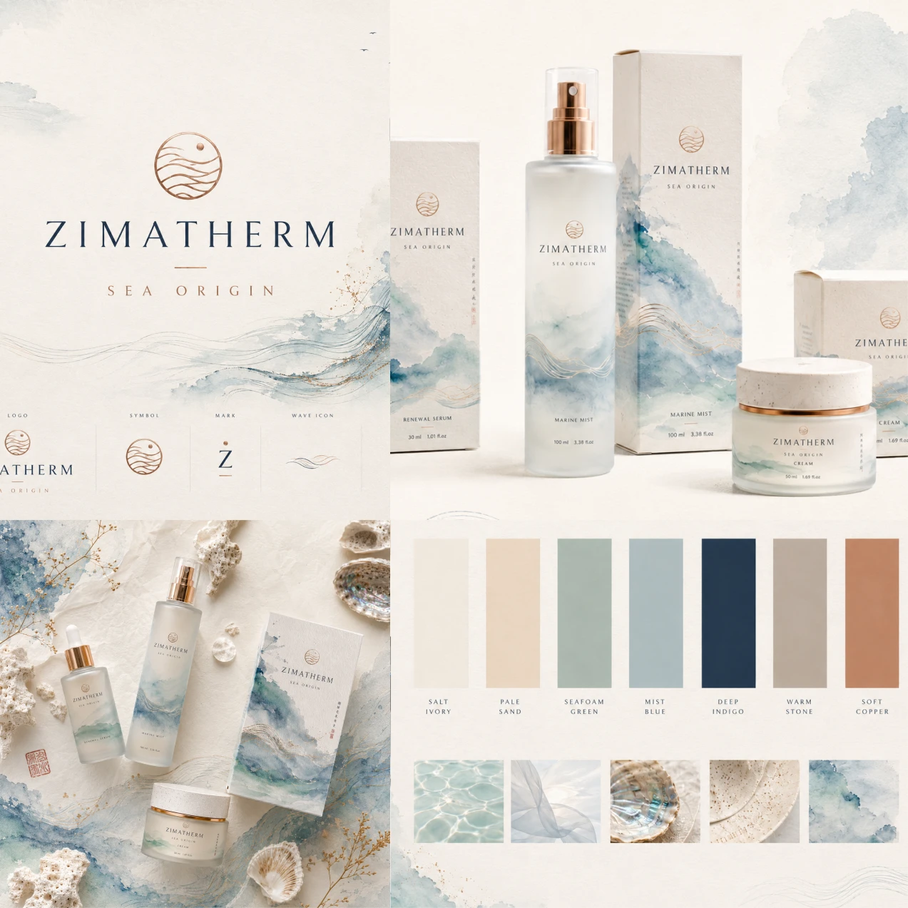 Брендборд ZIMATHERM Sea Origin с логотипом, упаковкой, палитрой и морской акварельной графикой.